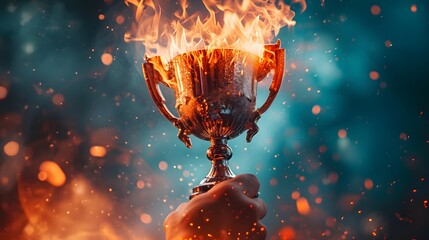 a hand holding a trophy with flames coming out of it's sides and the words, the best is yet - obrazy, fototapety, plakaty