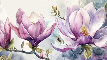 Watercolor Magnolias in Bloom Illustration. Delicate magnolias in various bloom stages, painted in watercolor.