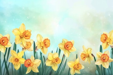 Fototapeta na wymiar Sunlit Daffodils on Misty Spring Morning. Vibrant daffodils bask in soft sunlight against a dreamy springtime backdrop.