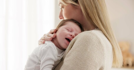 Love, mother and baby in nursery for sleeping, bonding and touch or cuddle with support or care....