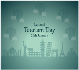 Obraz premium Editable vector illustrations of National Tourism Day social media posters, banners. The inscription on the globe. Around the monuments of architecture. Travel concept background. Tower and building.
