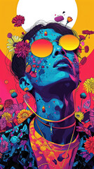 In a graphic rock-inspired creation, you are different to everyone. Mirror glasses, dream landscape, psychedelic flowers, 60s vibes converge in a surreal, vibrant, and dreamlike composition.