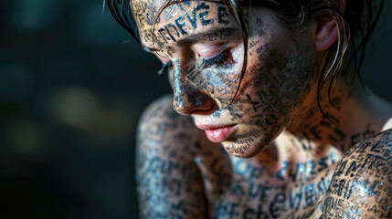 Portrait of a beautiful girl with her eyes closed, her skin covered with dark sand and drawn symbols and letters. Close-up.