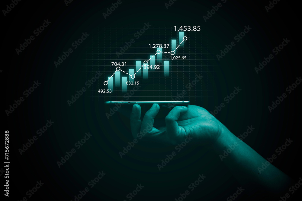 Aufkleber hand holding smartphone with technical graph and chart for analysis stock market, trader use technol