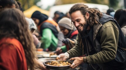 Volunteers distribute food to homeless people, social issues, assistance to victims