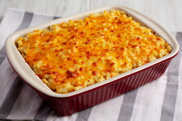 Homemade Baked Mac and Cheese in a Baking Dish, side view.