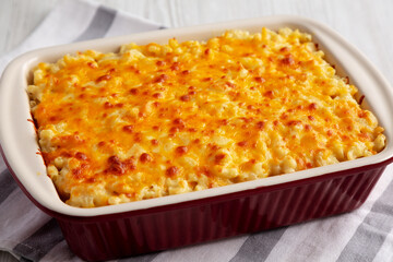 Homemade Baked Mac and Cheese in a Baking Dish, side view.
