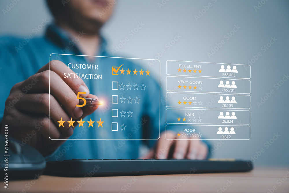 Aufkleber client use pen to tick select excellent five stars rating on virtual screen for customer online eval