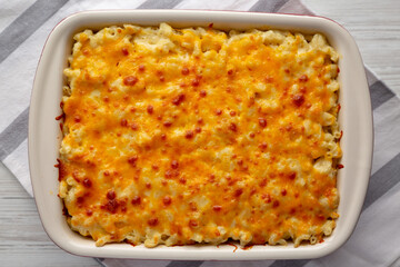 Homemade Baked Mac and Cheese in a Baking Dish, top view. Flat lay, overhead, from above.