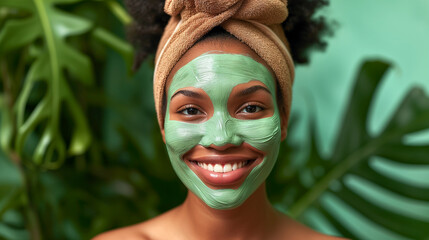 Portrait of a young african woman smiling with a green facial mask.