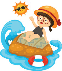 illustration of summer kid girl on the beach