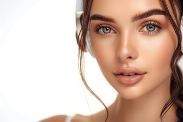 Close-up: Woman's face in earphones radiates natural beauty, healthy, clean skin. Flawless complexion adorned with minimal, natural makeup emphasizes innate features. - obrazy, fototapety, plakaty