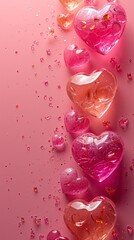 Valentine day background or phone wallpaper with pink glass heart shapes, love and passion concept, AI generated