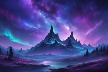 Excellent daydream starry night sky, blue and purple colorful, system and aurora backdrop  - obrazy, fototapety, plakaty