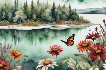 butterfly river ladscape watercolor