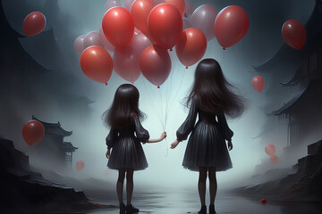 girls with red balloons