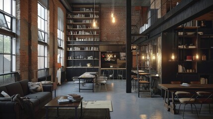 Interior Design Mockup: An industrial loft featuring exposed brick walls, concrete flooring, raw metal shelving, and Edison bulb lighting