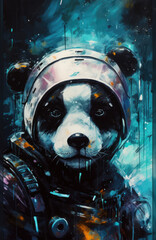 Abstract acrylic painting portrait of a Panda wearing a space suit