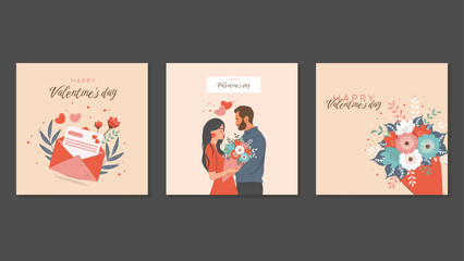 Cute Valentine's Day Cards With Cute Couple. Vector Square Template