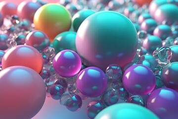 Colorful abstract spheres with a glossy finish, depicting a 3D render of bubbles in a close-up view.