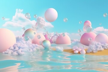 Abstract 3D render of pastel colored spheres and clouds on a tranquil water surface with a soft sky background.
