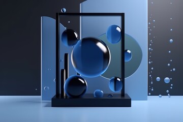 Abstract 3D composition with blue spheres and geometric shapes on a dark background with neon light streaks.