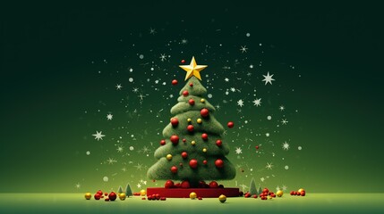 A playful, stylized Christmas tree with a star on top and vibrant red and yellow ornaments, set against a magical starry background.