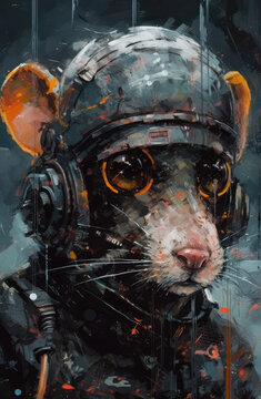 Abstract acrylic painting portrait of a rat wearing a space suit