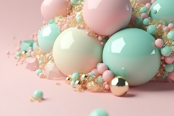 Pastel colored spheres with golden balls on a light background.