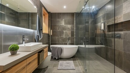 Interior Design Mockup: A contemporary bathroom with a freestanding tub, a frameless glass shower, slate tiles, and chrome fittings - obrazy, fototapety, plakaty