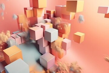 Abstract 3D rendering of floating cubes with a pastel color scheme and dynamic clouds, depicting modern digital art.