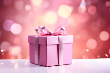 Pink gift box, with a shiny bow on a festive pink background. Holiday gift.