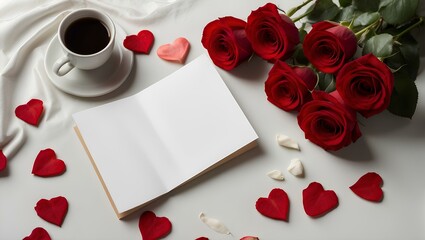 A blank note with coffee and red roses