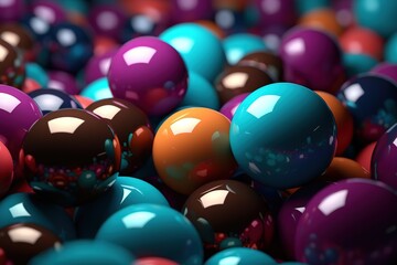Colorful glossy spheres scattered on a dark surface, with reflections and highlights, depicting diversity or celebration. - obrazy, fototapety, plakaty