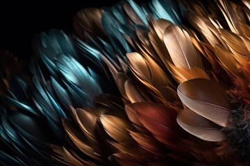 Close-up of multicolored bird feathers with intricate patterns and textures.