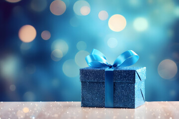 A blue shiny gift box with a satin bow stands on a table on a festive blue background with shining bokeh. Holiday gift. Copy space