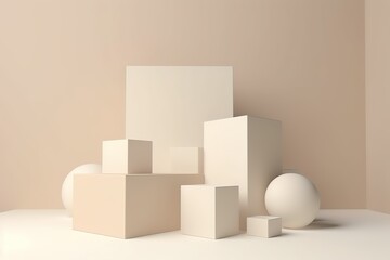 Minimalist geometric shapes on a beige background, abstract 3D composition.