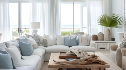 Interior Design Mockup: A coastal living room with soft blue and sand hues, relaxed linen upholstery, driftwood elements, and sheer white curtains - obrazy, fototapety, plakaty