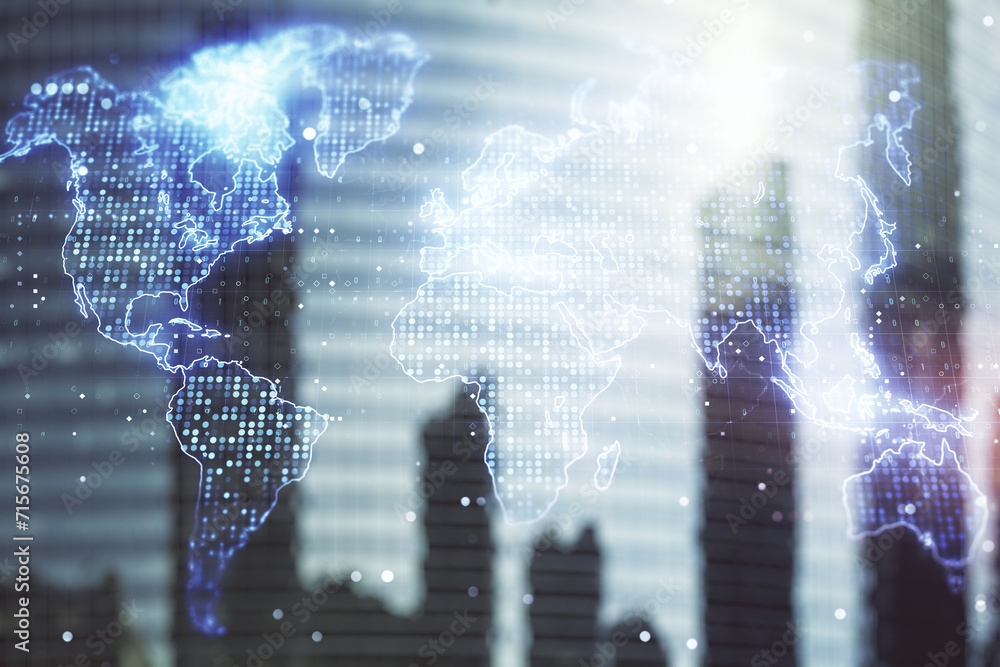 Poster multi exposure of abstract graphic world map on modern architecture background, big data and network