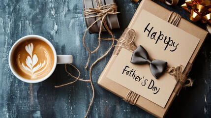 Happy Father's Day inscription on a card on the table, gift, coffee, bow tie, lettering, holiday, congratulation, box, top view, layout, cup, dad, father