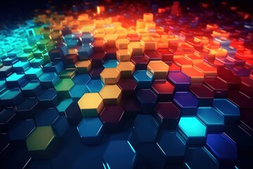 Abstract 3D render of hexagonal structure with glowing neon lights, representing futuristic technology or data concept.