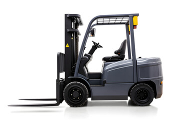 Forklift truck in a warehouse transporting cargo, with a back 3D illustration showcasing industrial transportation and storage equipment
