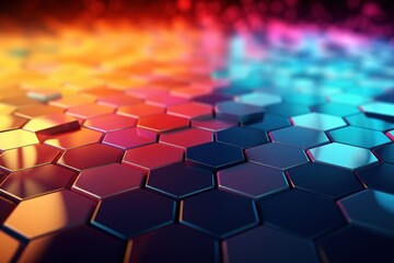 Abstract 3D render of hexagonal structure with glowing neon lights, representing futuristic technology or data concept.