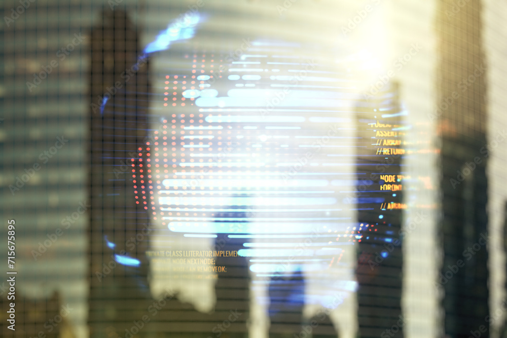 Aufkleber abstract virtual coding concept and world map hologram on office buildings background. multiexposure