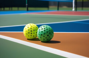 	
pickleball, ball on a field with a net, no one, new sport	
