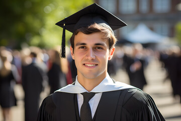 Young man wearing graduation cap and robe