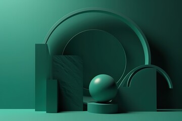 a blue abstract background with a set of plates and balls.