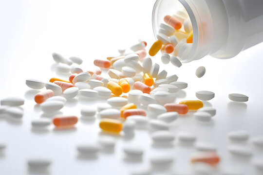 Medication Bottles with a Mix of Red and Yellow Pills and Capsules for Health vitamins, capsules background