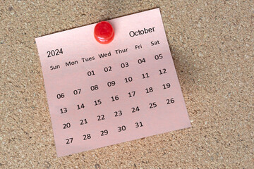 October 2024 calendar on sticky note. Reminder and 2024 new year concept