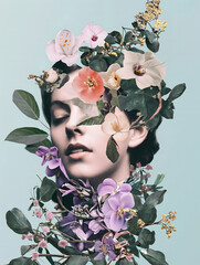 Portrait of beautiful woman in an abstract colorful floral arrangement, in the style of collage elements.	